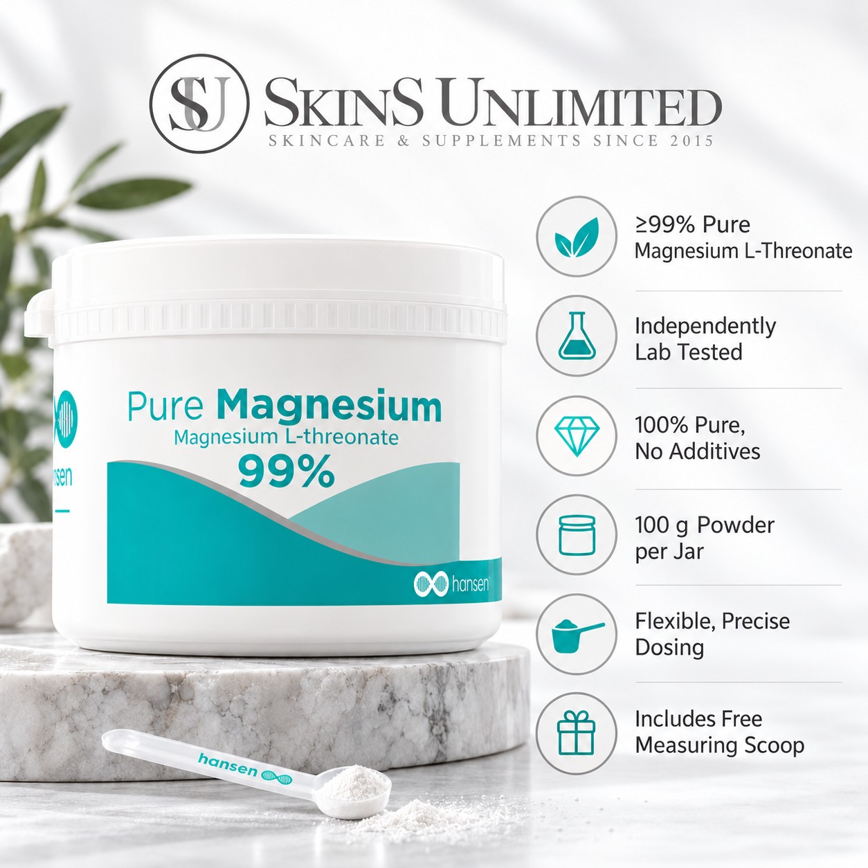 Hansen Magnesium L-threonaat 99% poeder met maatlepeltje en zes productkenmerken