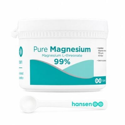 Hansen Magnesium L-threonaat 99% poeder in witte pot met maatlepeltje