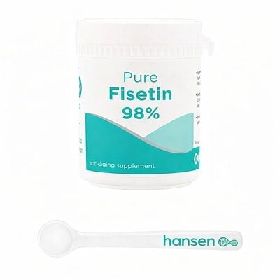 Fisetine 98% anti-aging supplement in witte pot met lepel.