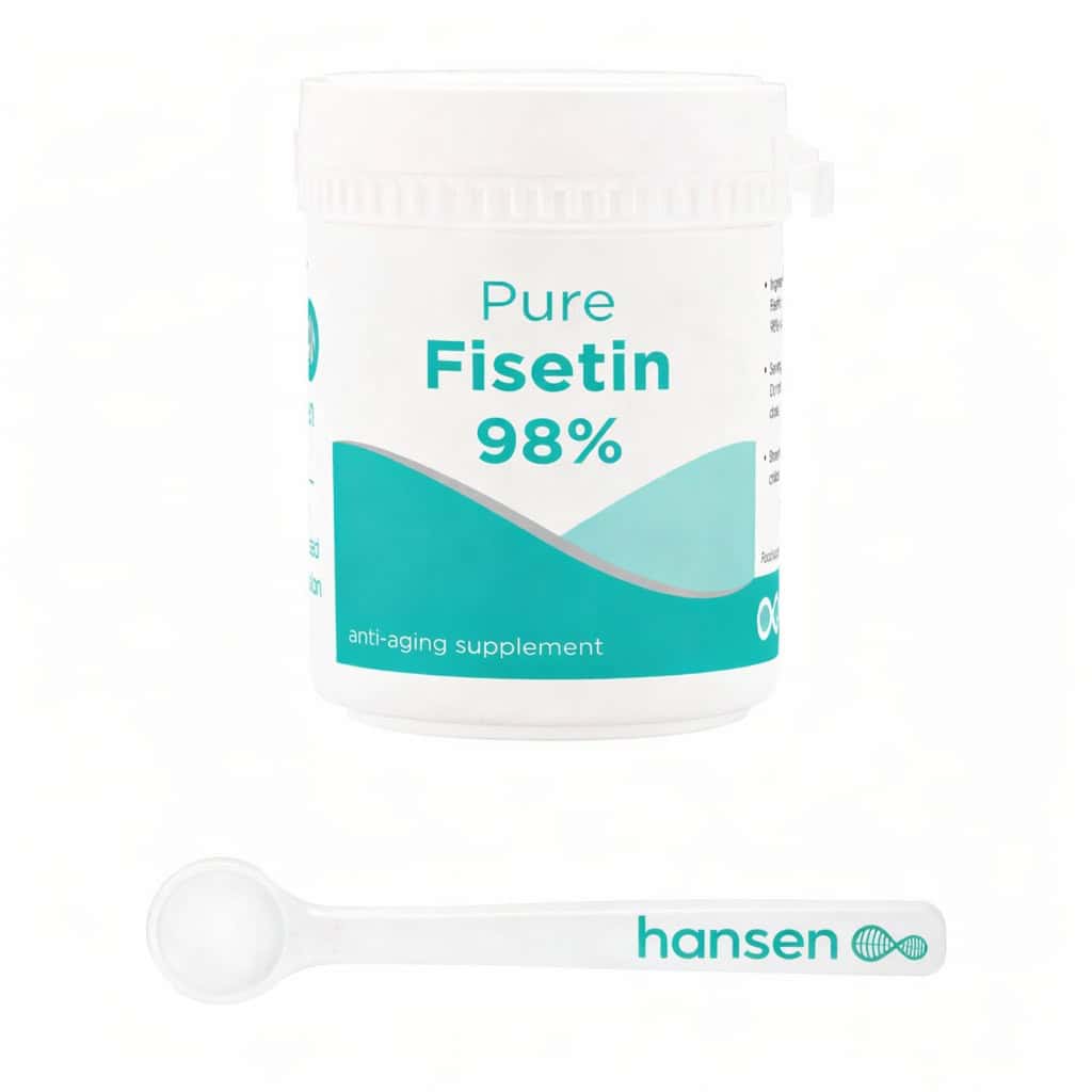 Fisetine 98% anti-aging supplement in witte pot met lepel.