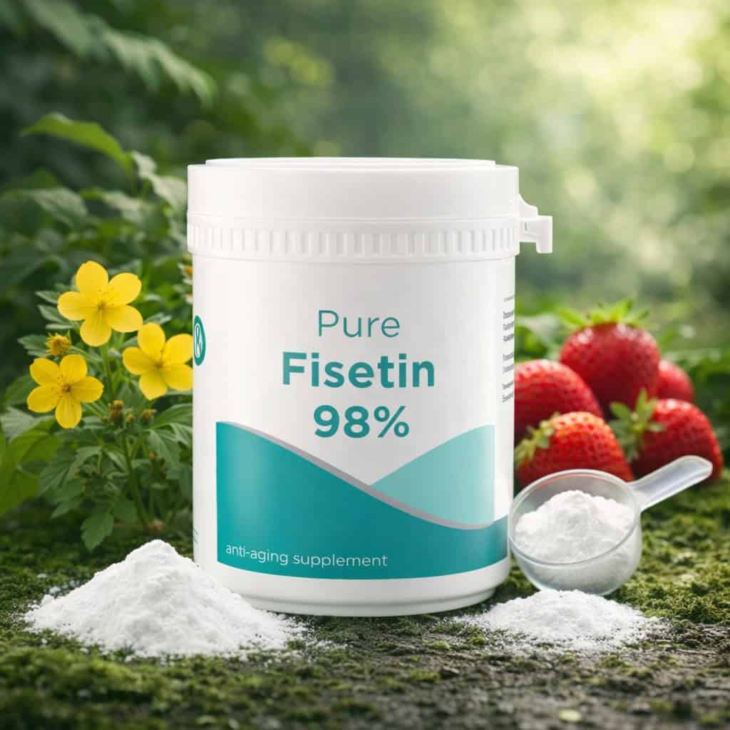 Fisetine supplement in pot met aardbeien en poeder, huidverzorging.