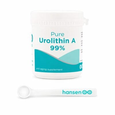 Urolithin A supplement in pot with scoop, anti-aging supplement.