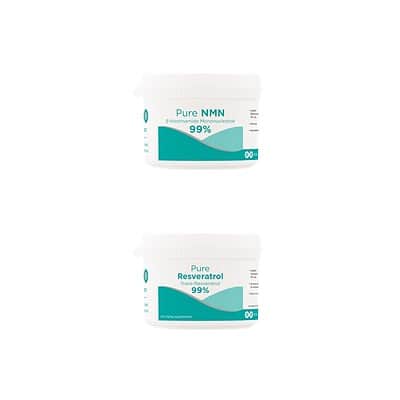 Twee potjes supplementen, NMN en Resveratrol, voor ondersteuning van gezondheid en verjonging.