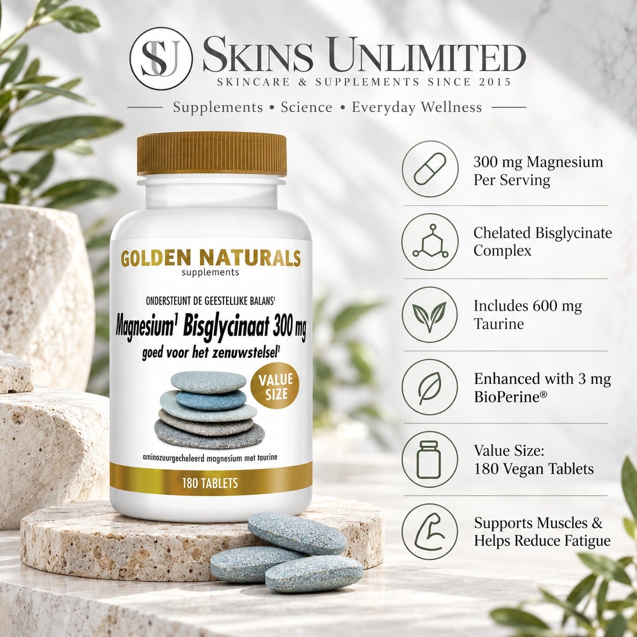Golden Naturals Magnesium Bisglycinate 300 mg voordeelpot met 180 vegan tabletten en zes productkenmerken