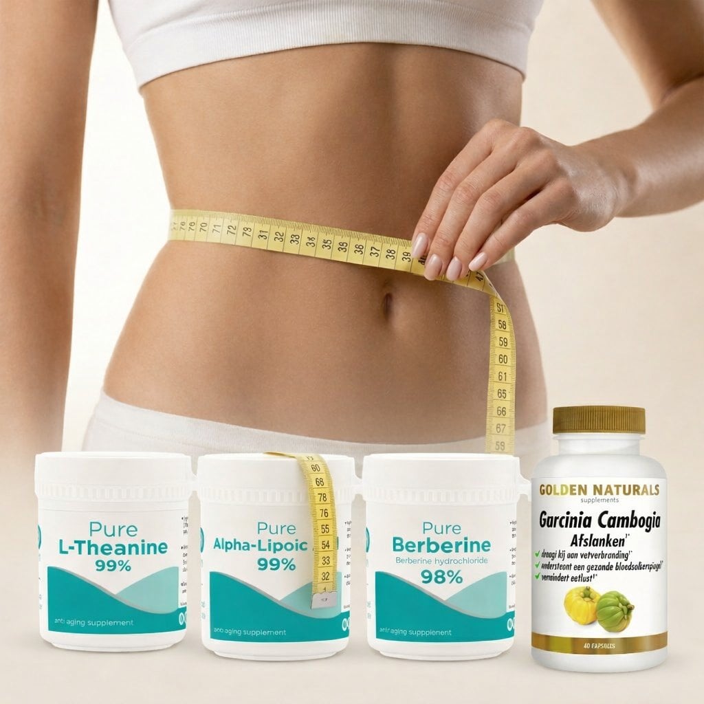 vrouw meet buikomtrek met meetlint met vetverbrander supplementen op de voorgrond