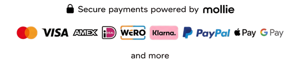 Secure payments powered by Mollie met betaalmethoden Visa, Mastercard, PayPal, Klarna, Apple Pay, Google Pay en Wero.