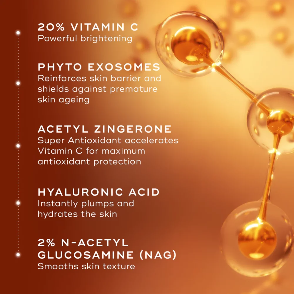 Belangrijkste ingrediënten van Medik8 C-Tetra Advanced: 20% vitamine C, fyto-exosomen, acetyl zingerone, hyaluronzuur en N-acetylglucosamine