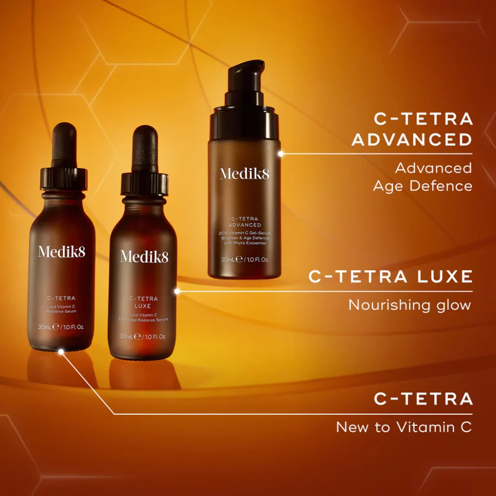 Vergelijking van Medik8 C-Tetra serums: C-Tetra voor beginners, C-Tetra Luxe voor glow en C-Tetra Advanced voor geavanceerde anti-aging
