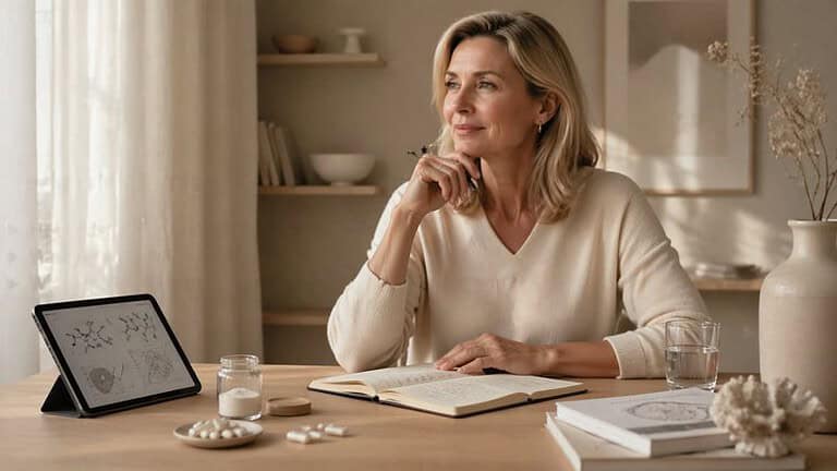 Vrouw onderzoekt NAD+ supplementen op tablet in huis.