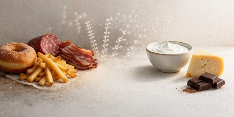 Close-up van vetrijke voedingsmiddelen zoals kaas, chocolade en vlees.