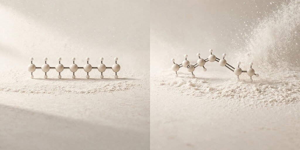 Moleculen van verzadigde en onverzadigde vetzuren op zand.