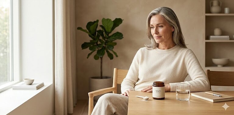 Vrouw neemt NMN supplement voor meer energie en welzijn.