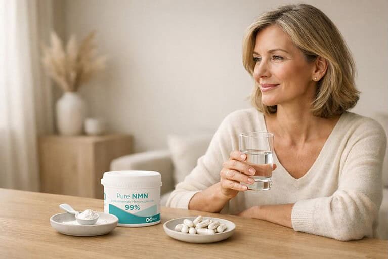 Vrouw drinkt water naast NMN capsules en poeder voor anti-aging.