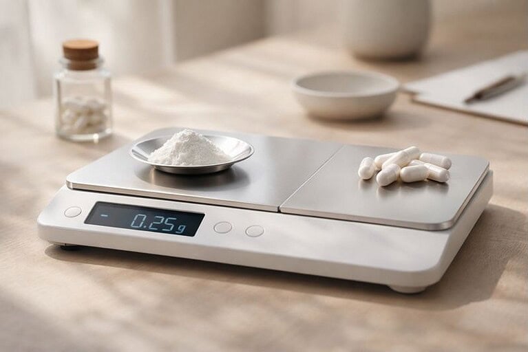 NMD supplement poeder en capsules op digitale weegschaal.