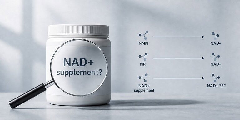 NAD+ supplement op het etiket met ingrediënten en diagram van het NAD+ proces.