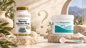 Magnesium bisglycinaat 300 mg van Golden Naturals versus magnesium L-threonaat 99% van Hansen, met een vraagteken tussen beide supplementen.