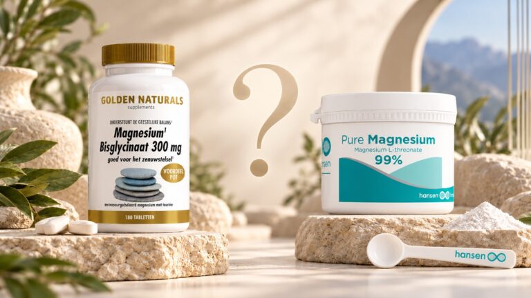 Magnesium bisglycinaat 300 mg van Golden Naturals versus magnesium L-threonaat 99% van Hansen, met een vraagteken tussen beide supplementen.
